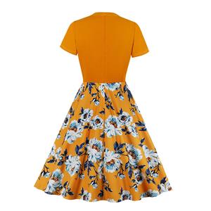 Retro Orange Floral Print Little Standing Collar Short Sleeve High Waist Midi Dress N19561