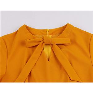 Retro Orange Floral Print Little Standing Collar Short Sleeve High Waist Midi Dress N19561