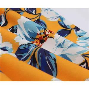 Retro Orange Floral Print Little Standing Collar Short Sleeve High Waist Midi Dress N19561