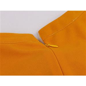 Retro Orange Floral Print Little Standing Collar Short Sleeve High Waist Midi Dress N19561