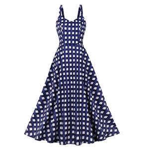 Vintage Square Pattern V Neck Spaghetti Straps High Waist Cocktail Party Midi Dress N22749