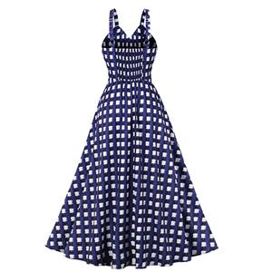 Vintage Square Pattern V Neck Spaghetti Straps High Waist Cocktail Party Midi Dress N22749