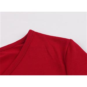 Vintage Red Leaf Pattern V-neck Short Sleeve High Waist Spliced Midi Swing Dress N19976