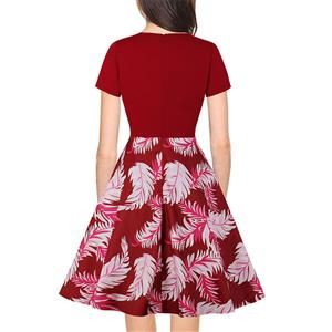 Vintage Red Leaf Pattern V-neck Short Sleeve High Waist Spliced Midi Swing Dress N19976