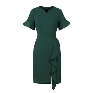 Vintage Split Scoop Neckline Flare Sleeve Solid Color High Waist Office Cocktail Wrap Dress N21844