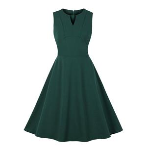 Vintage Split Scoop Neckline Sleeveless Solid Color High Waist Office Cocktail Midi Dress N21843