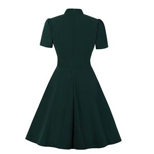 Vintage Solid Color Stand Collar Short Sleeve High Waist A-line Midi Dress N19940