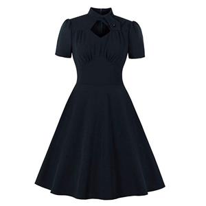 Vintage Solid Color Stand Collar Short Sleeve High Waist A-line Midi Dress N20962