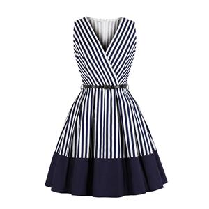 Fashion Striped Low-cut Belted Sleeveless High Waist Party Midi Dress N19522