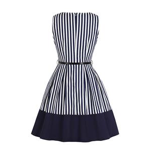 Fashion Striped Low-cut Belted Sleeveless High Waist Party Midi Dress N19522