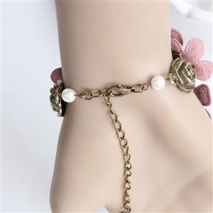 Vintage Style Pink Floral Embroidery Bead Bracelet with Ring J17922