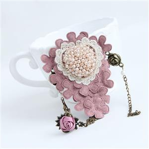Vintage Style Pink Floral Embroidery Bead Bracelet with Ring J17922