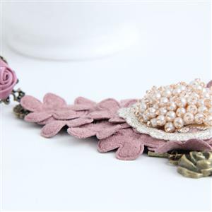 Vintage Style Pink Floral Embroidery Bead Bracelet with Ring J17922