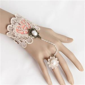 Victorian Vintage Style Bracelet, Vintage Bracelet for Women, Vintage Style Beige Embroidery Bracelet, Cheap Wristband, Victorian Style Metal Bracelet, Fashion Bride Bracelet with Ring, #J17918