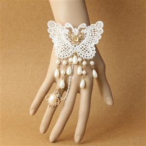 Victorian Vintage Style Bracelet, Vintage Bracelet for Women, Vintage Style Beige Embroidery Bracelet, Cheap Wristband, Victorian Style Gem Bracelet, Fashion Pearl Bracelet with Ring, #J18006
