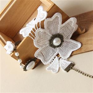 Vintage Style White Flower Embroidery Pearl Bracelet with Ring J18007
