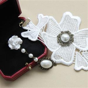 Vintage Style White Flower Embroidery Pearl Bracelet with Ring J18007