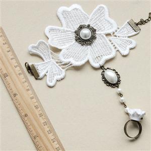 Vintage Style White Flower Embroidery Pearl Bracelet with Ring J18007