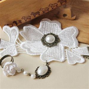 Vintage Style White Flower Embroidery Pearl Bracelet with Ring J18007