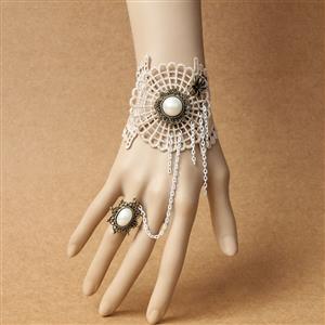 Victorian Vintage Style Bracelet, Vintage Bracelet for Women, Vintage Style Beige Embroidery Bracelet, Cheap Wristband, Victorian Style Gem Bracelet, Fashion Pearl Bracelet with Ring, #J18005