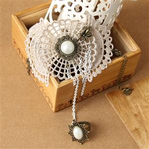 Vintage Style Floral Embroidery Pearl Metal Bracelet with Ring J18005