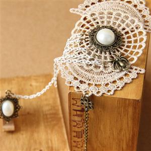 Vintage Style Floral Embroidery Pearl Metal Bracelet with Ring J18005