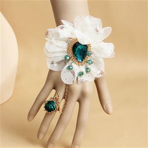 Vintage Style Big Flower Green Gem Bracelet with Ring J18002