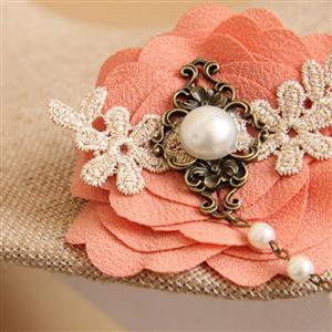 Vintage Orange Flower Embroidery Pearl Bracelet with Metal Ring J17914
