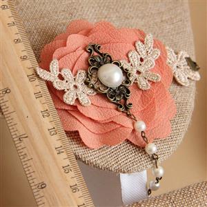 Vintage Orange Flower Embroidery Pearl Bracelet with Metal Ring J17914