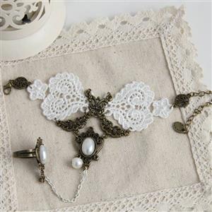 Vintage White Lace Metal Bracelet with Metal Ring J17915