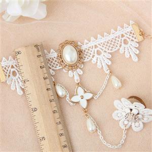 White Vintage Floral Lace Gem Wristband Metal Ring Bride Bracelet J17816