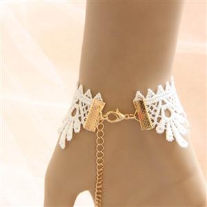 White Vintage Floral Lace Gem Wristband Metal Ring Bride Bracelet J17816