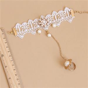 White Vintage Lace Pearl Wristband Metal Ring Bride Bracelet J17843