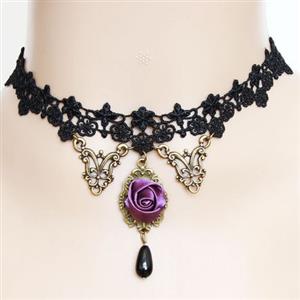 Punk Gothic Wedding Party Black Lace Purple Rose Bead Chain Pendant Necklace Choker J12012