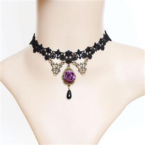 Punk Gothic Wedding Party Black Lace Purple Rose Bead Chain Pendant Necklace Choker J12012