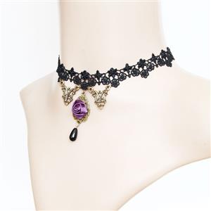 Punk Gothic Wedding Party Black Lace Purple Rose Bead Chain Pendant Necklace Choker J12012