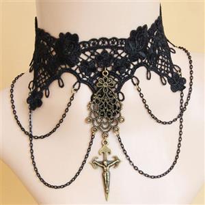 Gothic Vintage Pendant Black Lace Cross Choker Necklace J12034