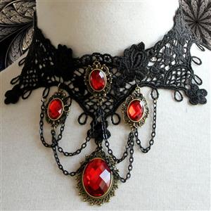 Vintage Gothic Victorian Lace Red Gem Chocker Necklace J12037