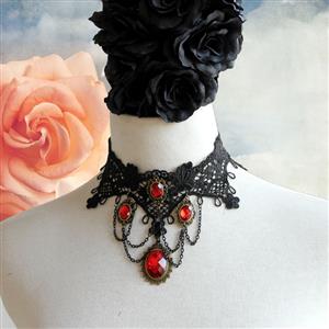 Vintage Gothic Victorian Lace Red Gem Chocker Necklace J12037