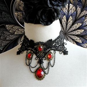 Vintage Gothic Victorian Lace Red Gem Chocker Necklace J12037