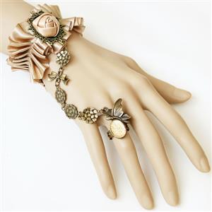 Gothic Lolita Retro Champagne Lace Wedding Slave Bracelet with Ring J12067