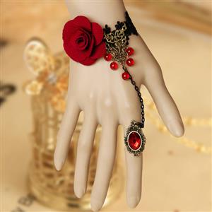 Victorian Gothic Lolita Retro Rose Lace Wedding Slave Bracelet with Ring J12068