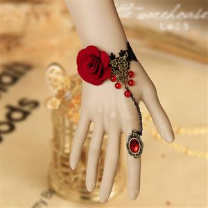 Victorian Gothic Lolita Retro Rose Lace Wedding Slave Bracelet with Ring J12068