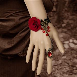 Victorian Gothic Lolita Retro Rose Lace Wedding Slave Bracelet with Ring J12068