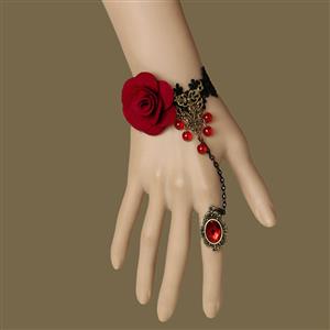 Victorian Gothic Lolita Retro Rose Lace Wedding Slave Bracelet with Ring J12068