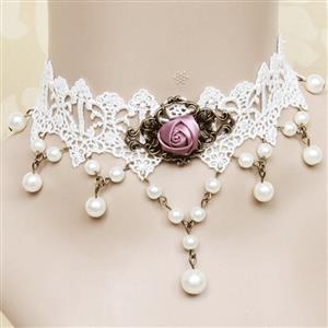 Victorian White Lace Tassel Pearl Wedding Party Princess Choker Necklace J12108