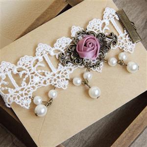 Vintage Court Rose White Lace Anklet Vintage Pearl Foot Anklet Chain J12110