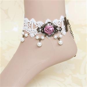 Vintage Court Rose White Lace Anklet Vintage Pearl Foot Anklet Chain J12110