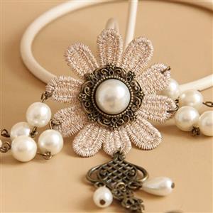 Vintage Embroidery Flower Pearl Wristband Metal Ring Bracelet J17871