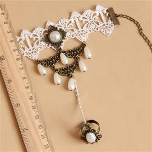 Vintage Lace Pearl Wristband Metal Ring Bracelet J17872